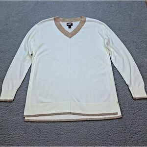 Lands End Sweater Womens Small Cream Brown Trim V‎ Neck Long Sleeve Pullover
